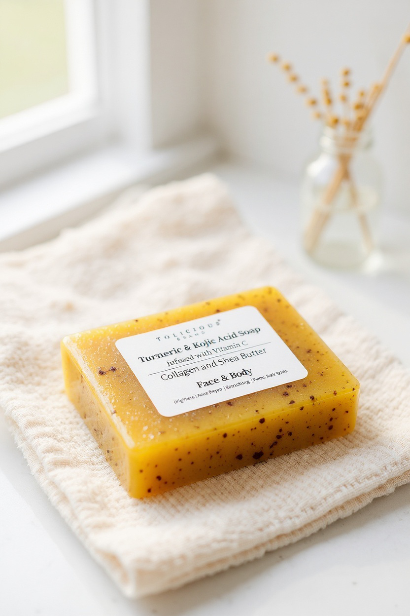 Tolicious brightening soap for face and body with turmeric and kojic acid on a textured towel