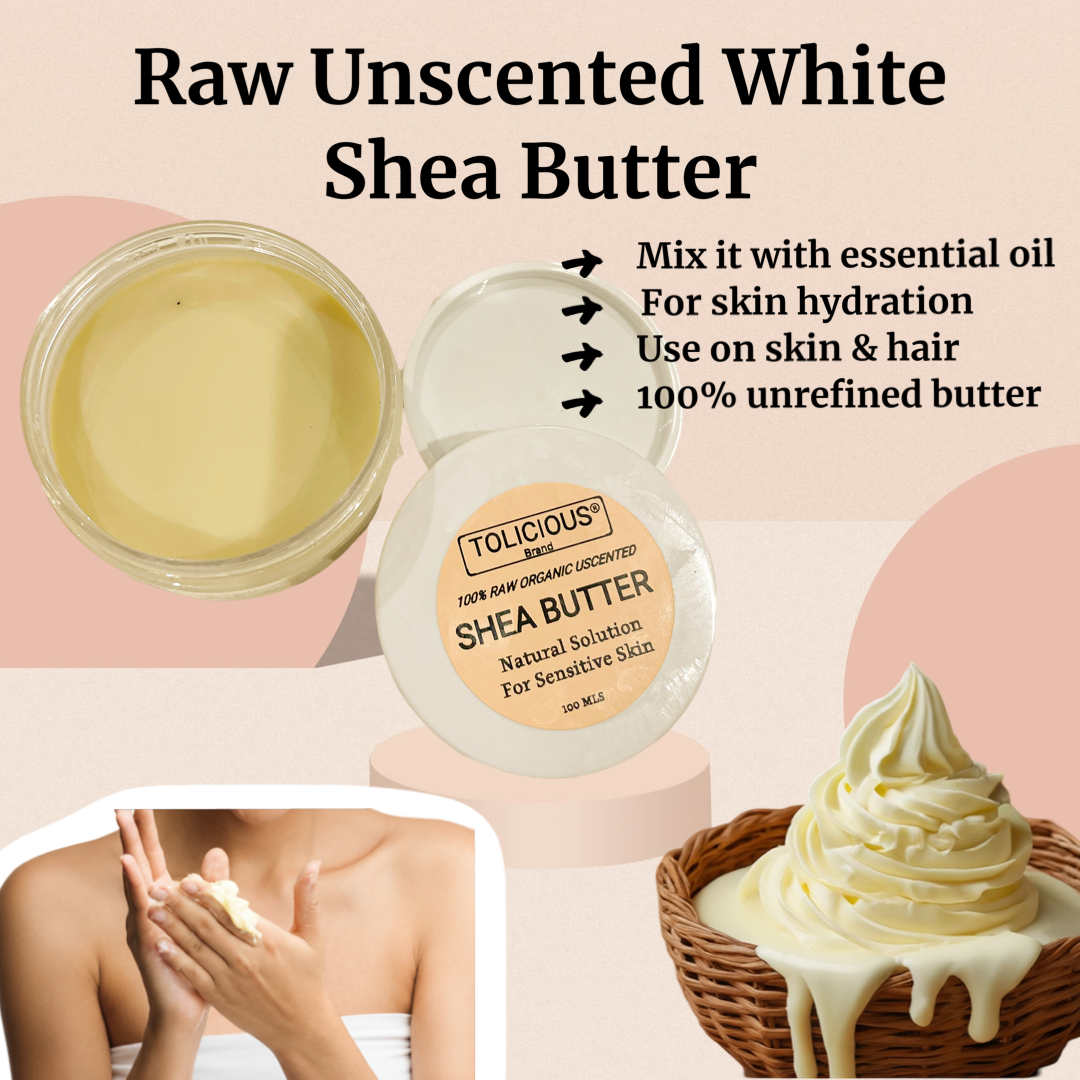 Organic raw unscented white shea butter. 100% organic natural moisturizer for sensitive skin and hair.