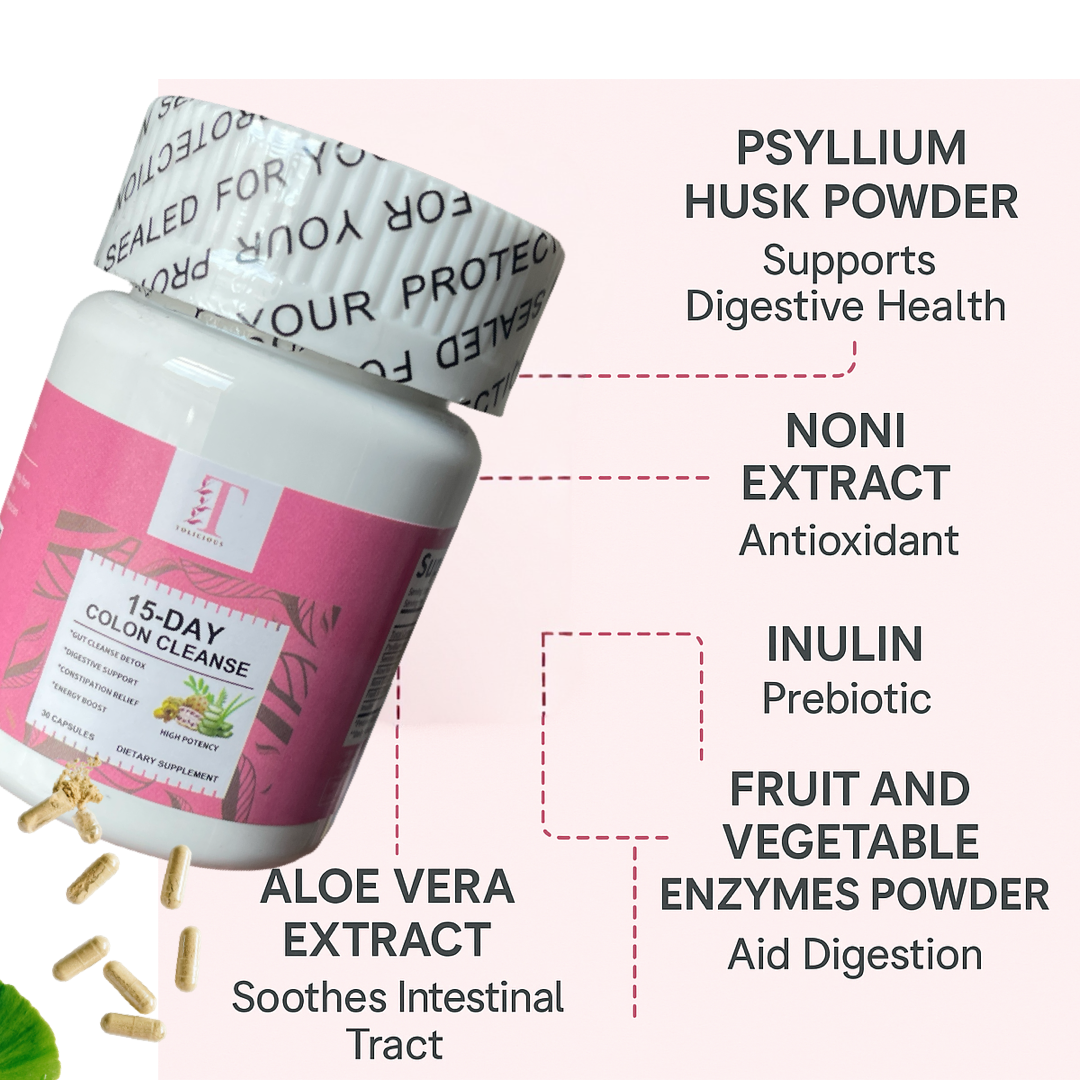 A container of 15-Day Colon Cleanse capsules with individual capsules displayed in front. The packaging mentions key ingredients such as Psyllium Husk Powder, Aloe Vera Extract, and Fruit and Vegetable Enzymes Powder, highlighting their benefits for digestive health.