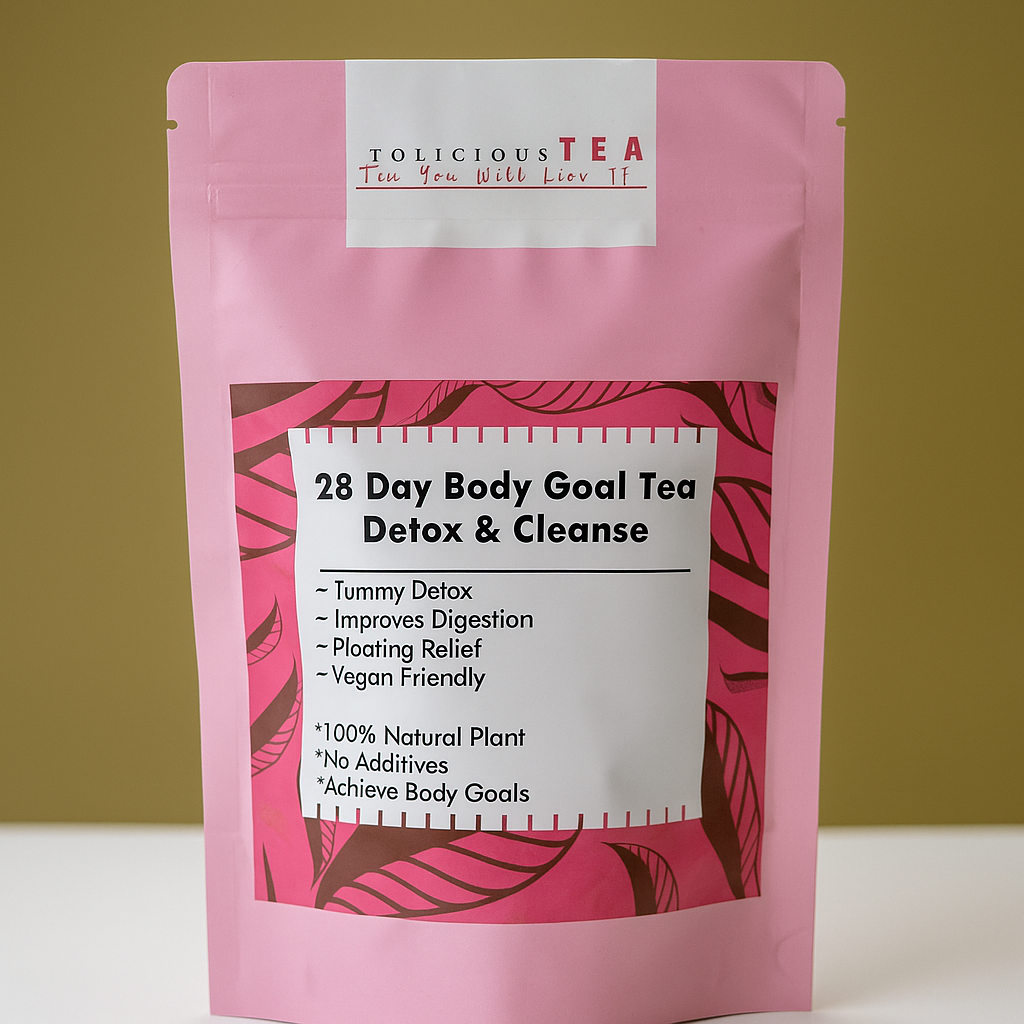 Tolicious 28 Day Body Goal Detox and Cleanse Tea in pink resealable pouch for digestion and tummy detox