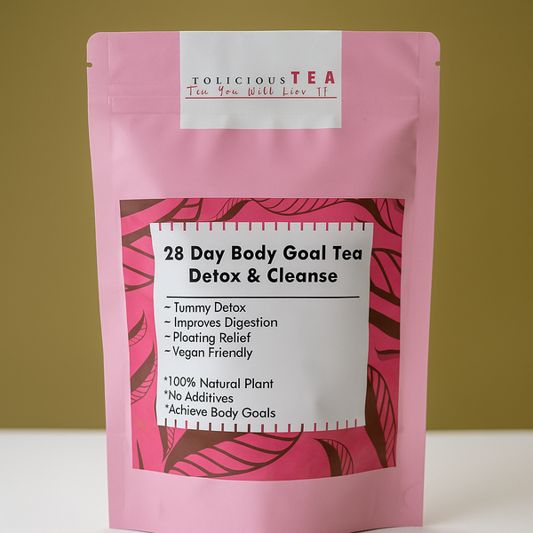 Tolicious 28 Day Body Goal Detox and Cleanse Tea in pink resealable pouch for digestion and tummy detox