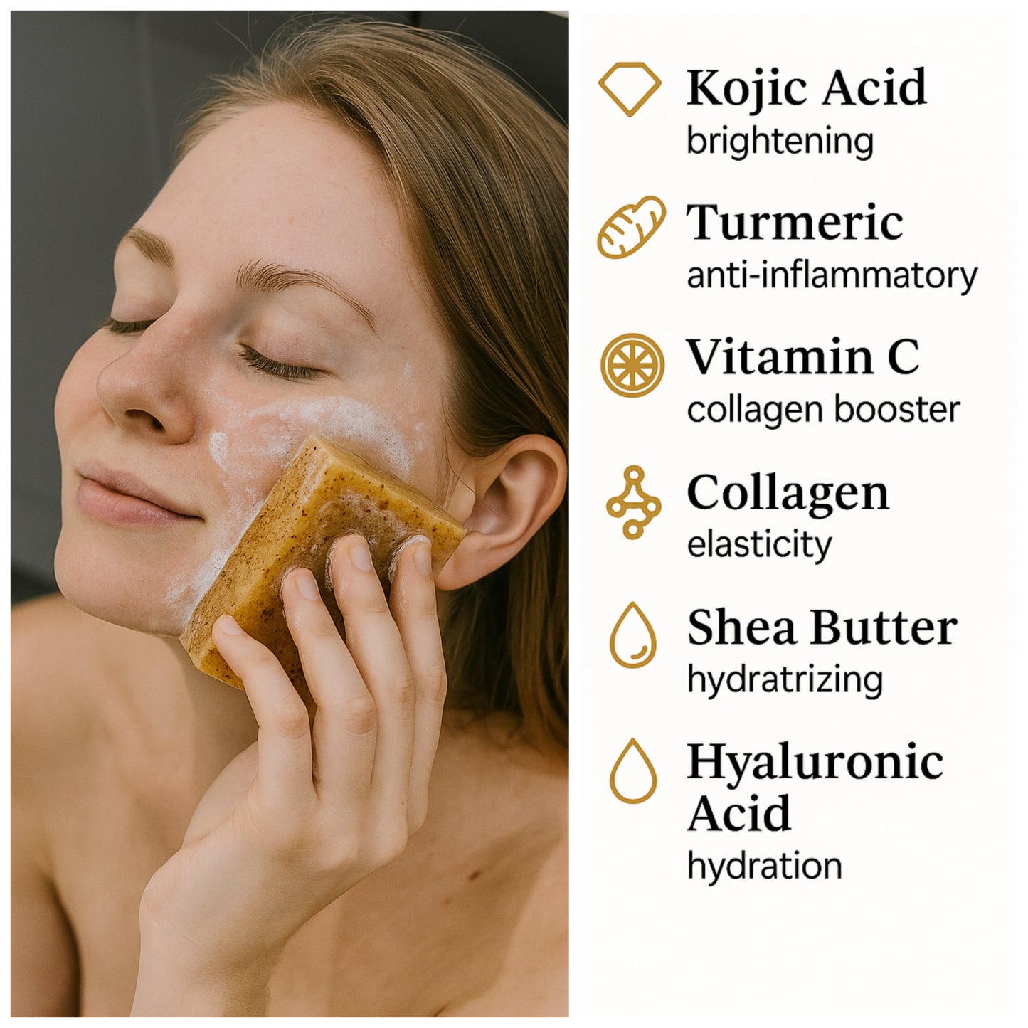 Tolicious Brand brightening soap for face and body with Kojic Acid, Turmeric, Vitamin C, Collagen, Shea Butter, and Hyaluronic Acid