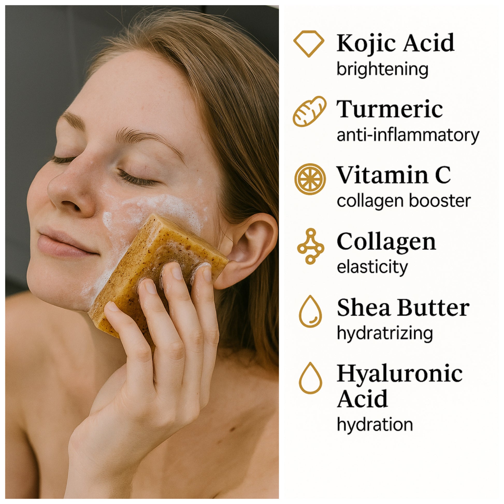 Tolicious Brand brightening soap for face and body with Kojic Acid, Turmeric, Vitamin C, Collagen, Shea Butter, and Hyaluronic Acid