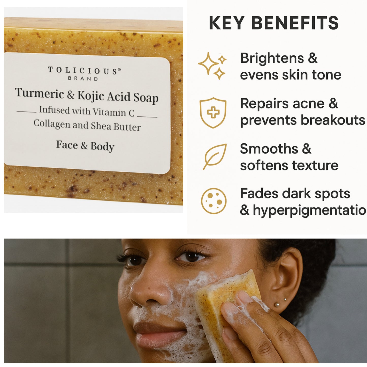 Tolicious Brand turmeric and kojic acid brightening soap for face and body with vitamin C and shea butter