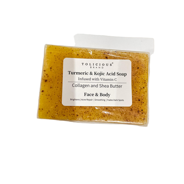 Tolicious Brand turmeric and kojic acid brightening soap for face and body infused with vitamin C