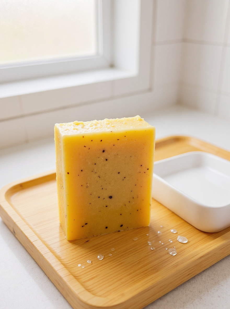 Tolicious brand brightening soap for face and body on wooden tray with water droplets