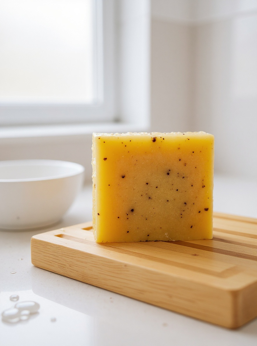 Tolicious brightening soap for face and body bar with natural exfoliating particles on wooden soap dish